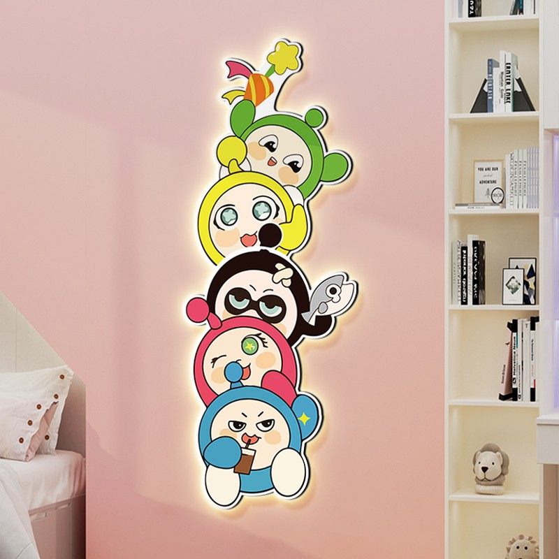 儿童房装饰画竖版创意男孩女孩房间挂画发光壁灯卧室床头壁画卡通
