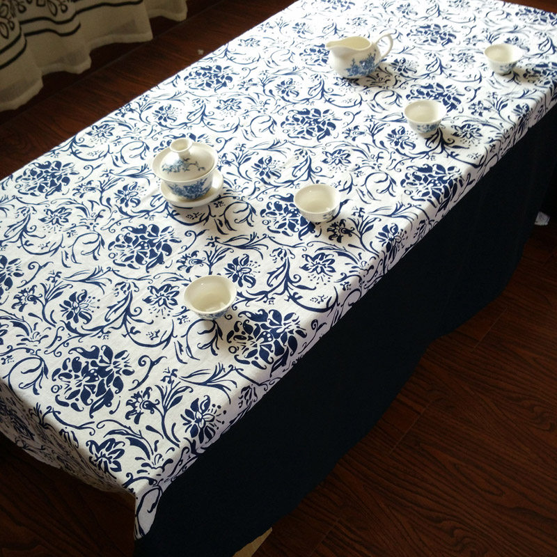 民族风蓝色印花古典棉麻布艺餐桌布台布盖布茶几布 中式创意复古