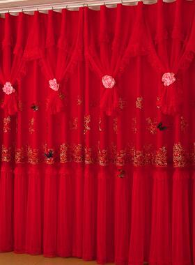 86M0温馨公主风纯色大红色喜庆遮光窗帘卧室客厅结婚婚房窗帘