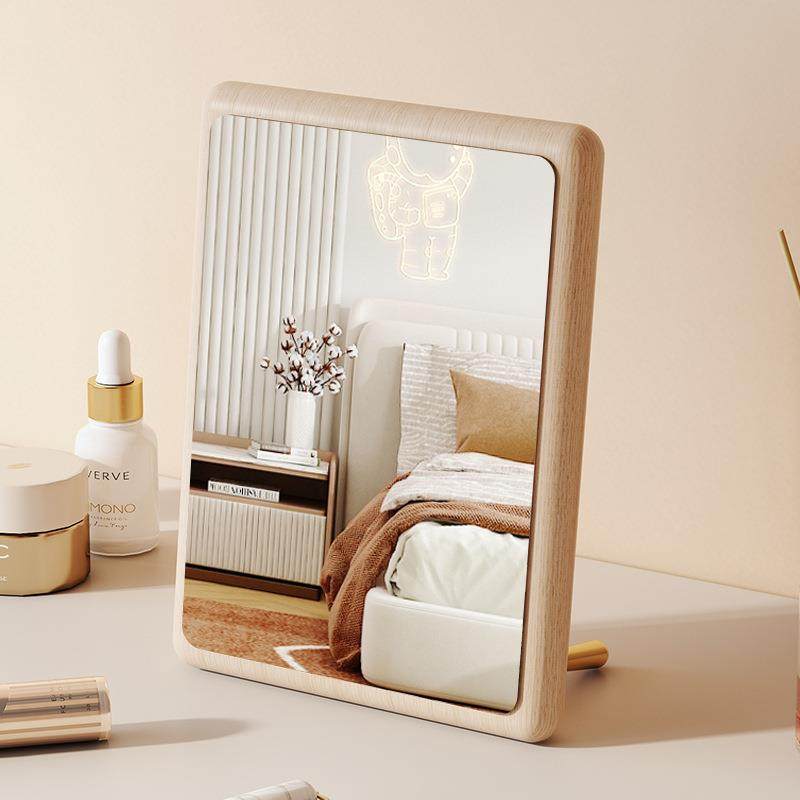简约实木化妆镜家用卧室桌面复古梳妆镜办公室折叠可便携台式镜子