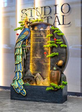 假山流水喷泉水幕墙中式孔雀屏风庭院造景装饰风水轮招财落地摆件