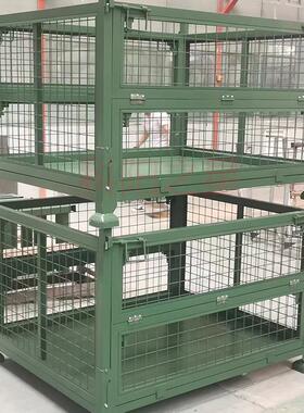 军绿色网格周转箱可移动仓储网框物资周转铁箱带轮货箱部队装备箱