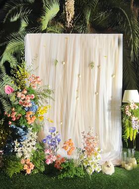 米白香槟淡黄色软纱幔婚礼迎宾背景瀑布纱装饰活动舞台布置网纱