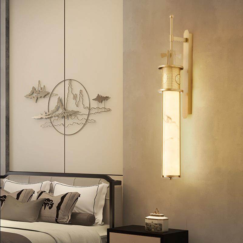 新中式云石壁灯酒店大堂过道灯宴会厅别墅客厅背景墙长条壁挂灯具