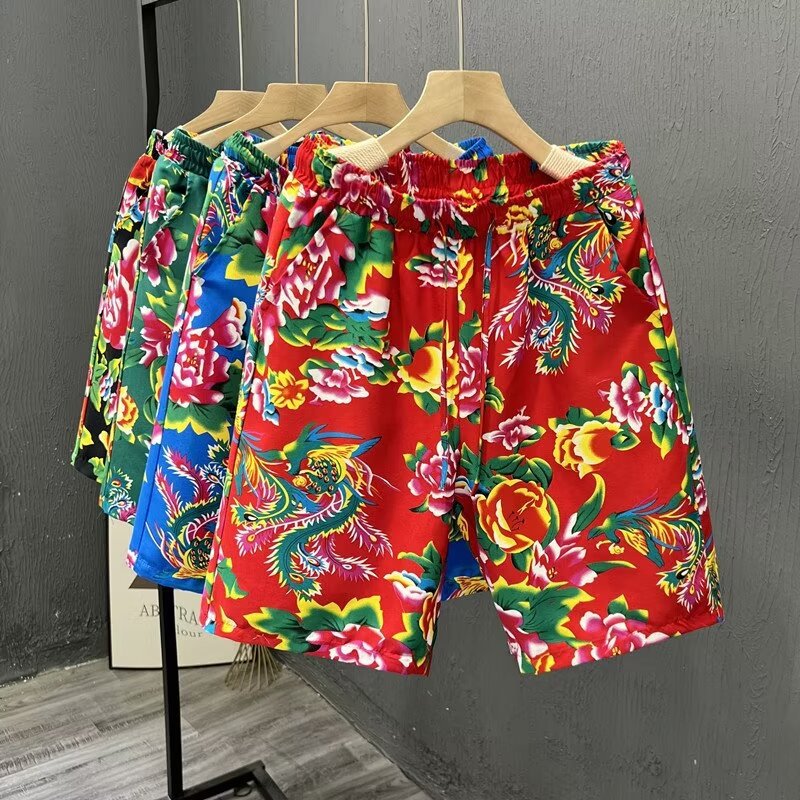 男2024新款夏季东北大花布薄款五分裤宽松休闲网红短裤阔腿大裤衩