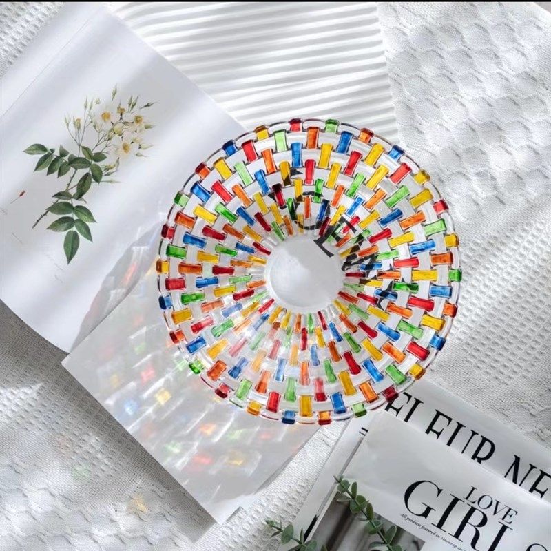 手绘彩色玻璃糖果罐编织纹彩绘果盘时尚高级创意水果盘