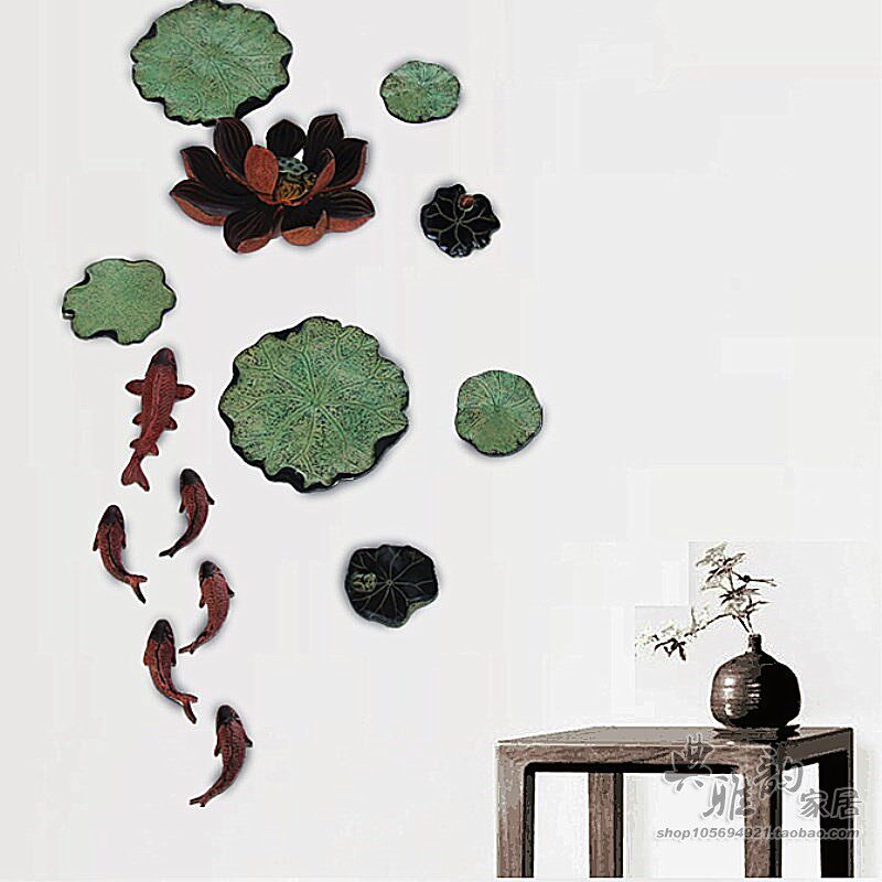 中式仿古背景墙树脂挂饰鱼荷花荷叶无框画壁挂件戏莲年年有鱼壁画,家居饰品,壁饰,淘宝优惠券,粉丝福利购,淘宝优惠卷