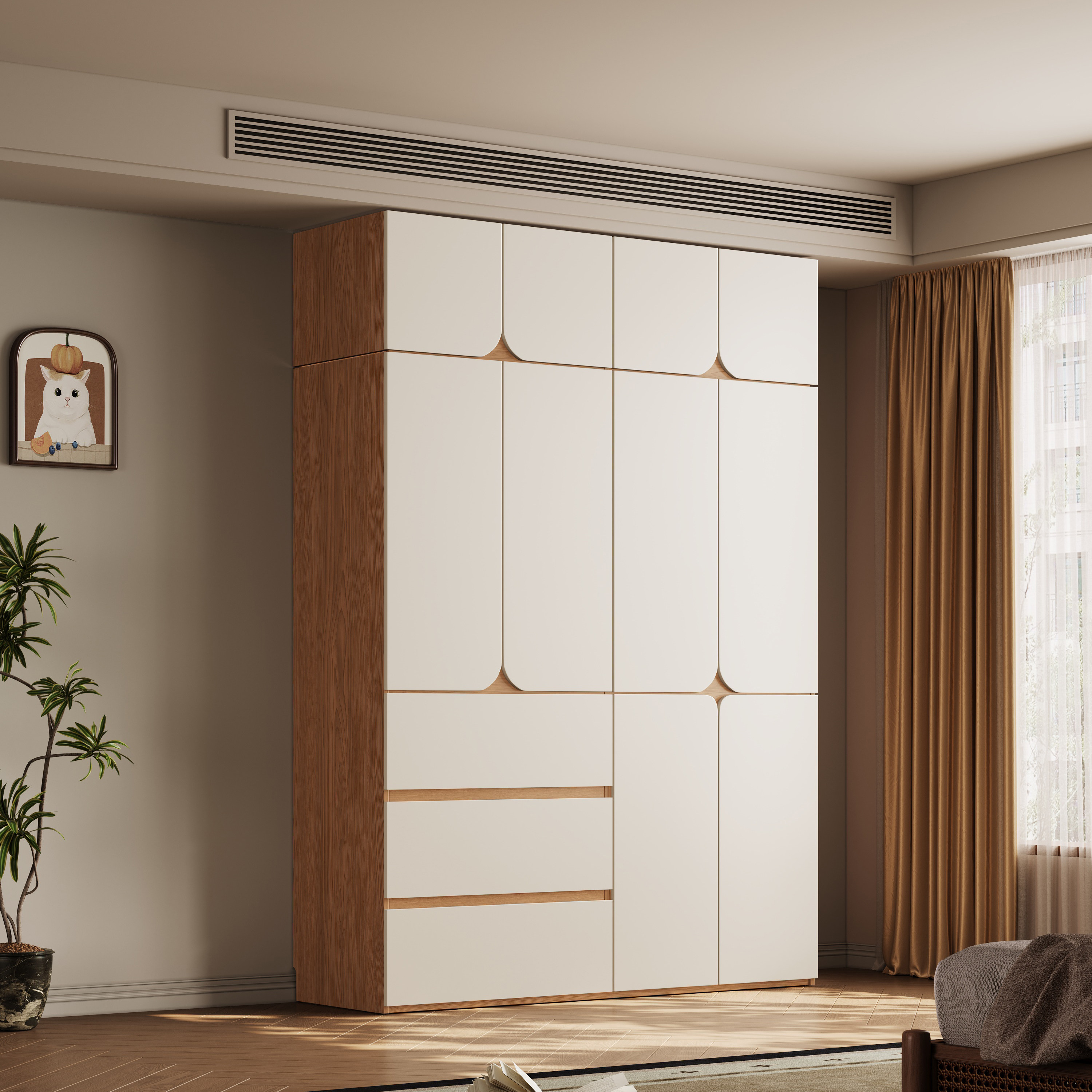 现货奶油风衣柜橡木家用小户型卧室原木拼白色全挂式平开门大衣橱