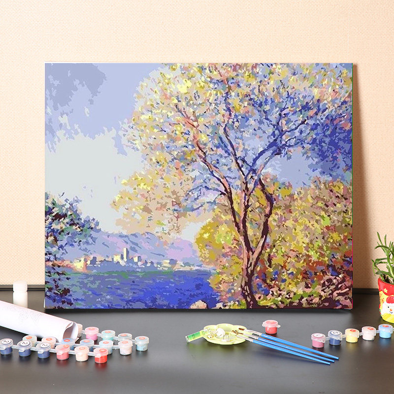 数字油画diy填充世界名画昂蒂布的早晨莫奈手工填色风景油彩画画