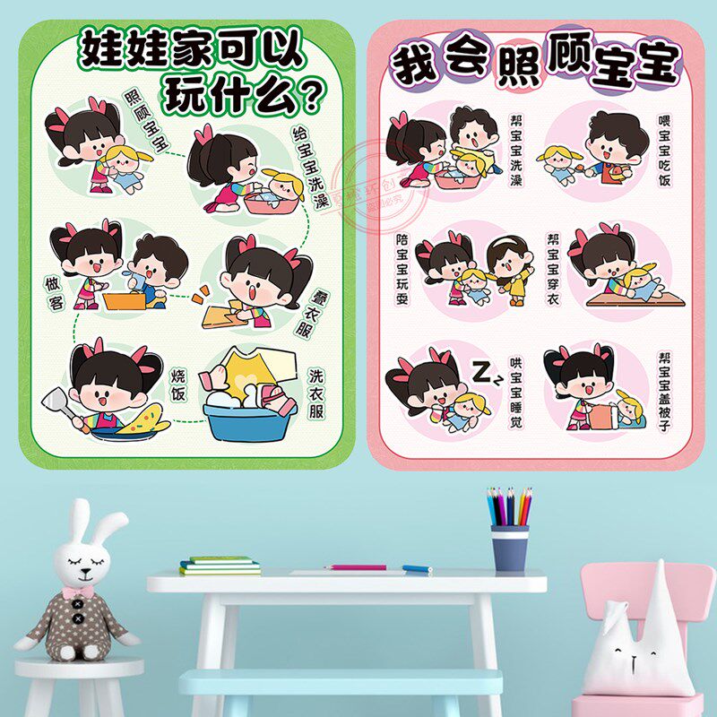 幼儿园小中班角色区有趣的娃娃家我会照顾宝宝区域角环创墙贴画