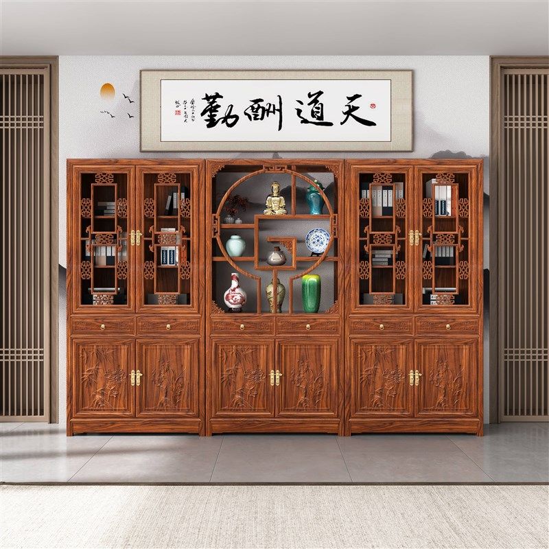 中式实木带门书柜书架新款三组合榆木展示柜玻璃书房办公室用仿古