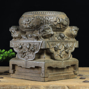 中式复古做旧青石茶馆客厅石头摆件狮子抱鼓门墩石墩石底座石柱