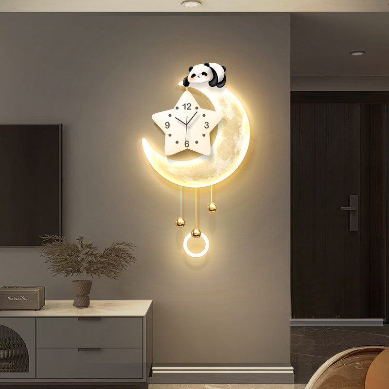 现代简约熊猫带钟表装饰画客厅背景墙氛围感装饰挂钟餐厅时钟挂墙