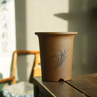 玖紫轩秦夕洪紫砂兰花盆段泥柴烧精品出汗泥翠盖荷绿云宋梅透气盆