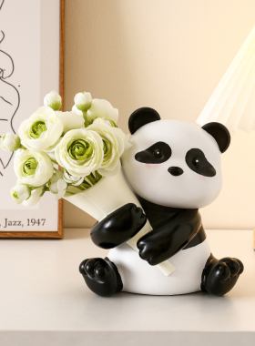 创意熊猫捧花摆件客厅电视柜床头柜玄关卧室家居装饰新居乔迁礼品