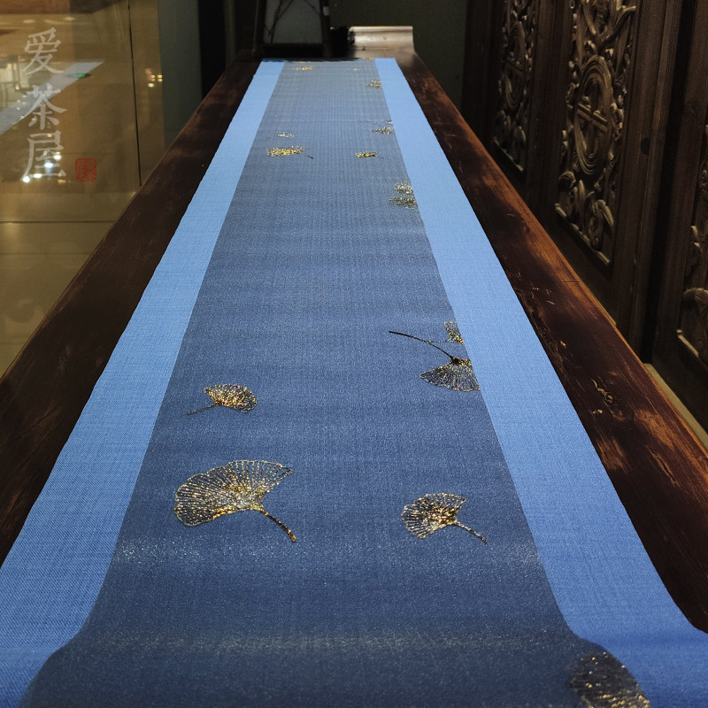 爱茶屋茶具防水席珍珠纱黑色银杏叶烫金茶帘搭配布艺桌旗多款茶道
