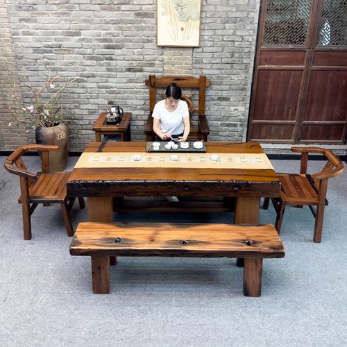 老船木大板茶桌椅组合办公室实木厚板会议书客厅桌干湿泡茶台家具