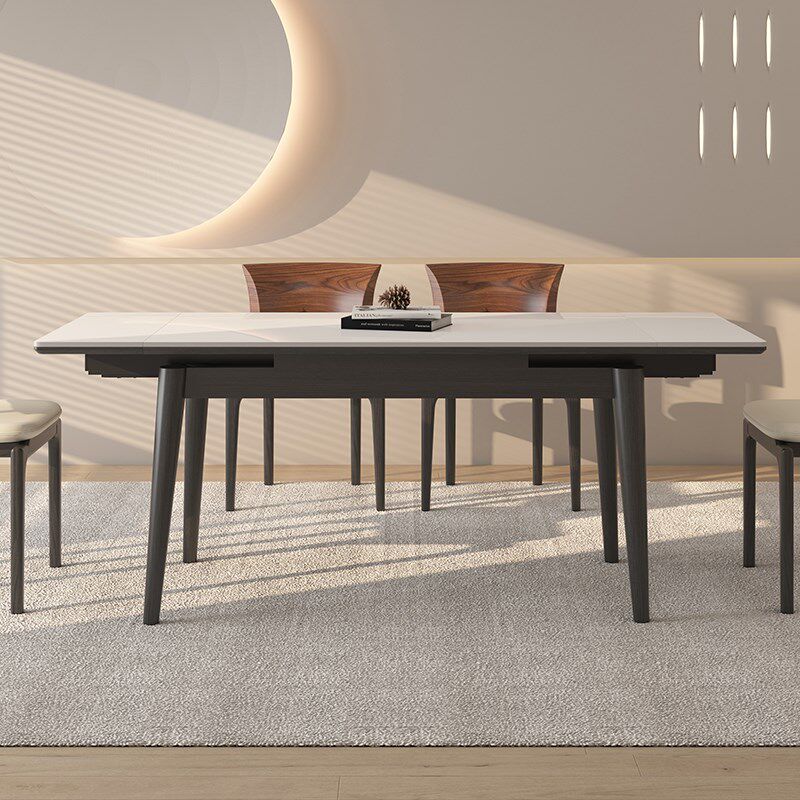 可伸缩德利丰实木岩板餐桌长方形家用奶油中古风小户型伸缩饭桌子