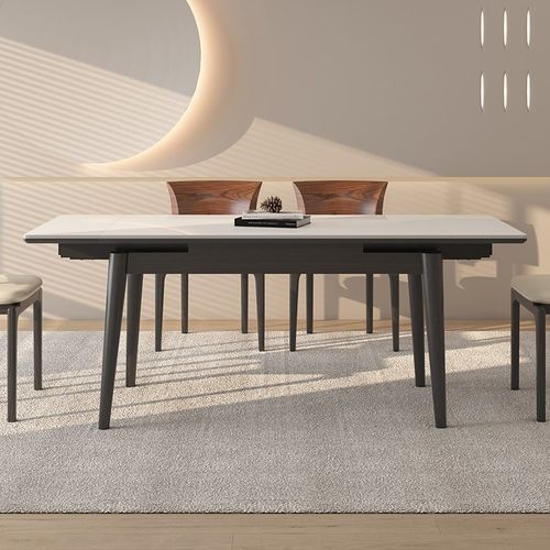 可伸缩德利丰实木岩板餐桌长方形家用奶油中古风小户型伸缩饭桌子