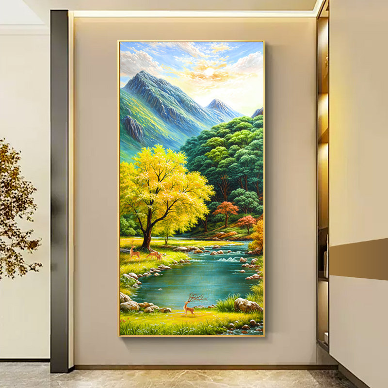 大芬村油画玄关装饰画流水生财山水风景手绘挂画走廊过道壁画竖版