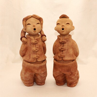 陶瓷工艺品纯手工土陶泥人家居饰品人物摆设粗陶泥人陶土娃娃学童