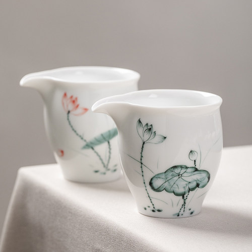 白瓷手绘公道杯陶瓷分茶器茶海茶具茶艺荷花中式