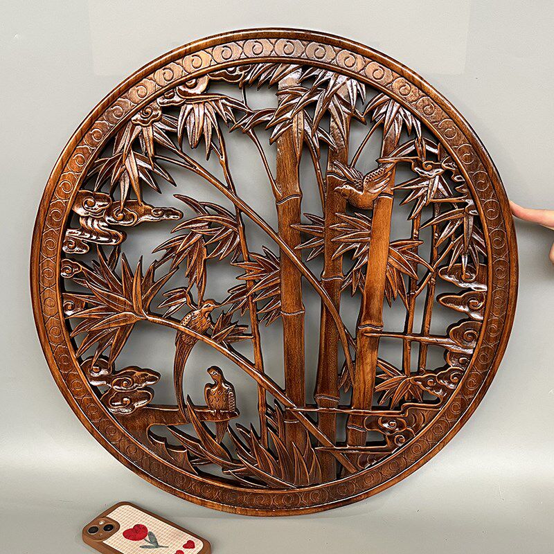 东阳木雕挂件香樟木圆形实木镂空雕刻中式仿古客厅玄关背景墙壁挂