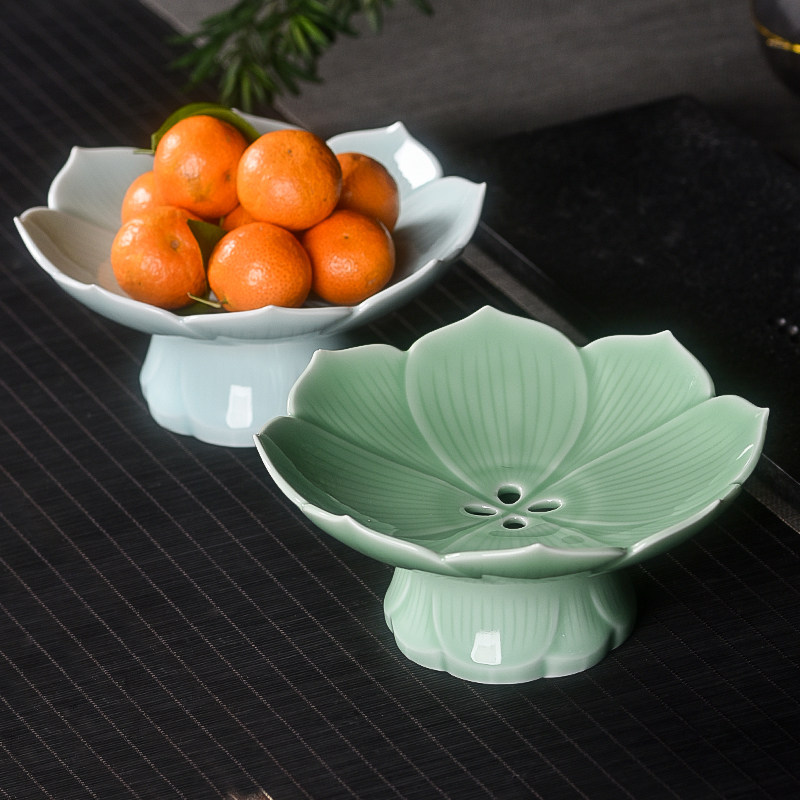 中式青瓷果盘 大号莲花水果盘8英寸高脚干果供奉点心茶点盘可沥水