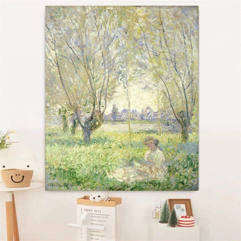 莫奈手绘油画白杨树下看书女人物印象风景名画玄关装饰画客厅挂毯