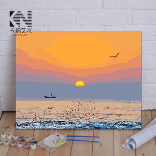 diy数字油画 海边风景夕阳日出手工填色涂鸦大幅定制油彩装饰画