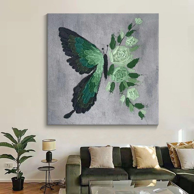 纯手绘绿色花卉客厅肌理装饰画玄关蝴蝶壁画大芬油画村石英砂挂画,家居饰品,油画,淘宝优惠券,粉丝福利购,淘宝优惠卷