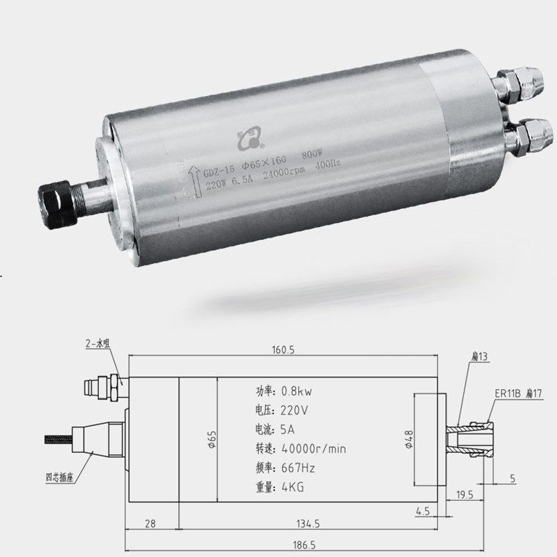 GDZ-15 65mm 800w ER11水冷广告木工主轴 翰琪电机 雕刻机配件