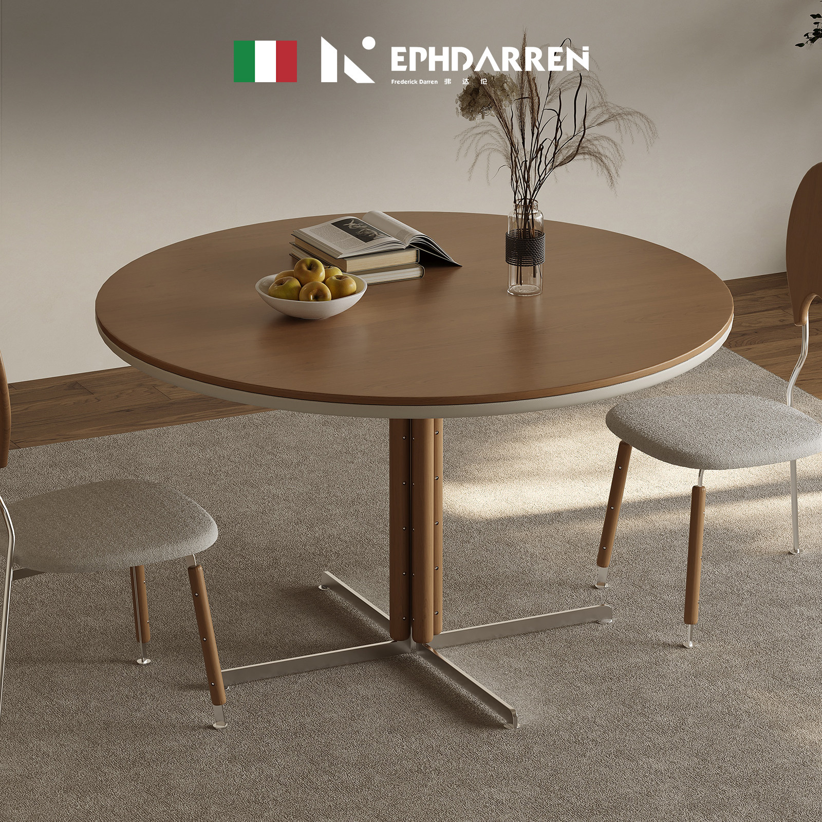 复古实木餐桌中古风2024新款设计师小户型客厅家用樱桃木圆形餐台