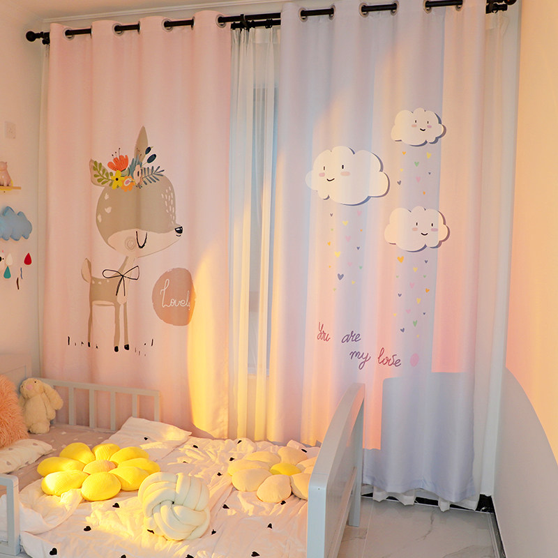 2021年新款女孩小鹿儿童房卧室窗帘遮光短款飘窗免打孔少女挂钩式