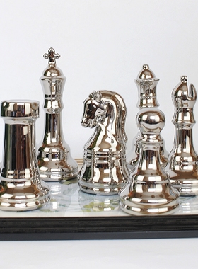 新古典后现代陶瓷电镀银色亮光国际象棋子摆件家居样板间软装饰品