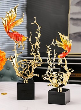 珐琅彩金鱼摆件锦鲤鱼摆件客厅玄关酒柜办公室高档乔迁装饰品摆件