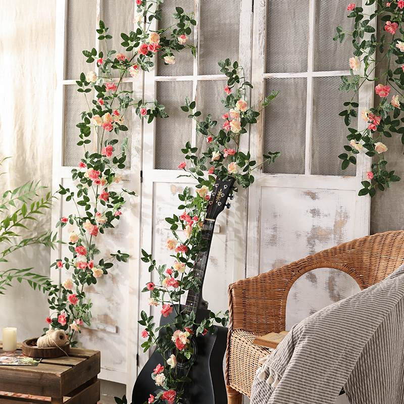 仿真玫瑰花花藤条蔷薇藤蔓假花藤条空调管道装饰缠绕塑料花墙壁挂