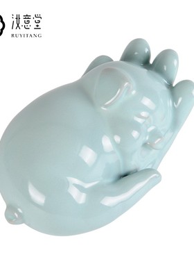 创意汝窑陶瓷猪摆件汝瓷工艺品中式青瓷家居客厅书房装饰摆设礼品