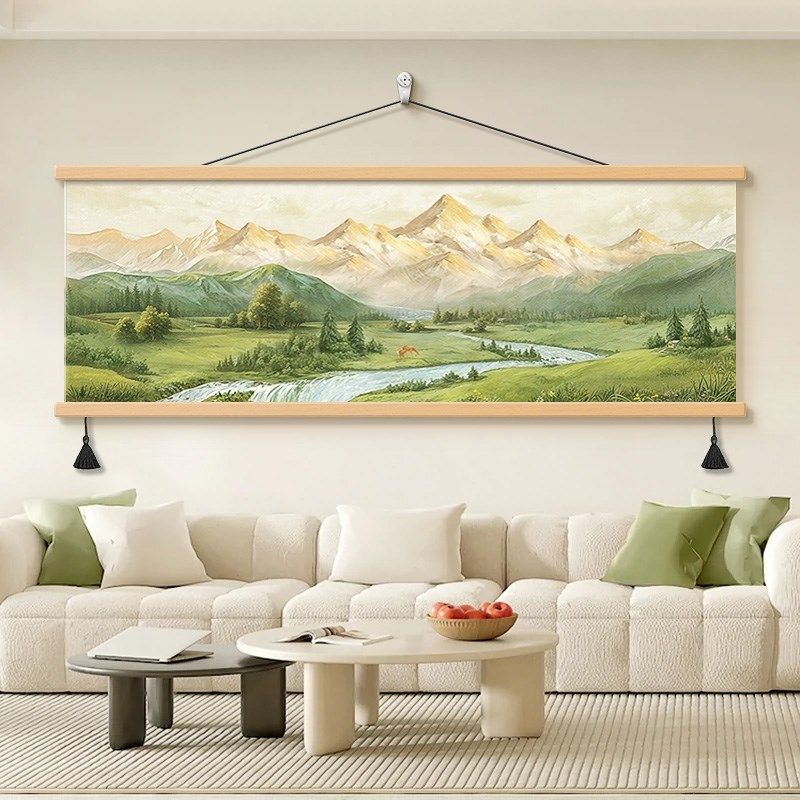 日照金山客厅装饰画横幅山水风景油画沙发背景墙挂画2025新款壁画,家居饰品,现代装饰画,淘宝优惠券,粉丝福利购,淘宝优惠卷