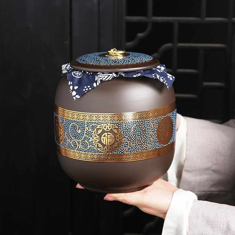复古紫砂茶叶罐陶瓷1斤2斤装大号密封罐防潮储存罐中式普洱茶饼罐