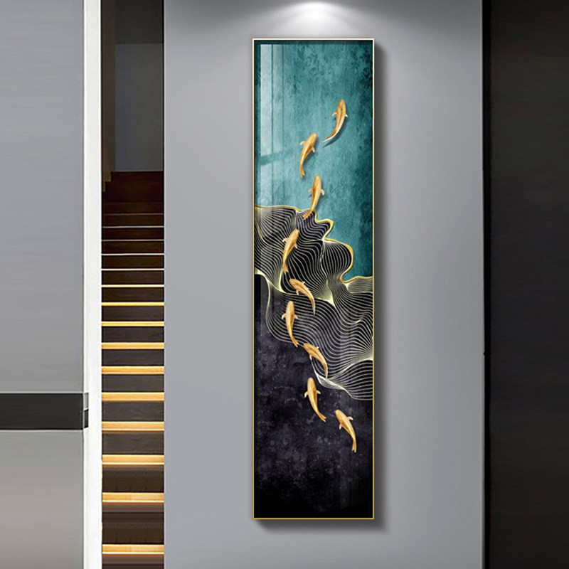 中式九鱼图玄关装饰画入户进门墙面挂画走廊过道客厅竖版长条壁画