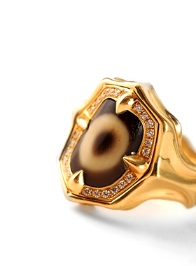 藏传天珠戒指黄金色轻奢镶嵌排钻高端文玩古玩指环男女士款送礼物