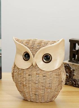 创意仿藤猫头鹰动物摆件书房客厅办公室桌面工艺品装饰品手工