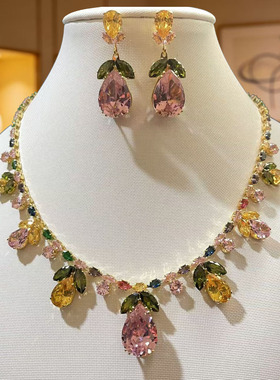 轻奢彩色锆石项链耳环套装