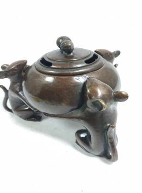 黄铜仿紫铜复古工艺 铜老鼠香熏炉摆件 家居装饰礼品工艺品