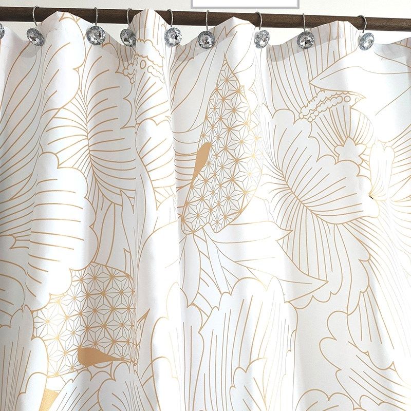 金色中式清新防水布加厚防霉浴帘挂钩套装免打孔定制尺寸干湿分离