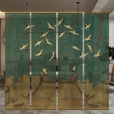 半透明瑞鹤图双面透景屏风纱中式卷帘隔断帘挂帘窗帘透光纱帘