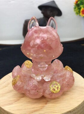 好记水晶滴胶碎石九尾狐摆件黄水晶粉水晶紫水晶金曜石高7cm左右