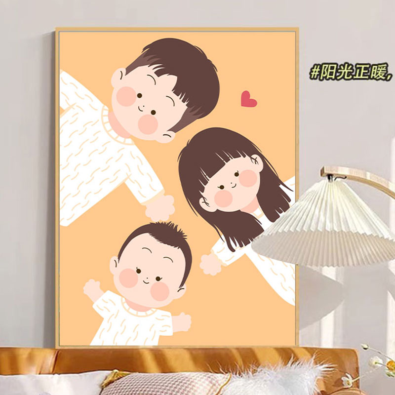 温馨一家人全家福DIY数字油画卡通手工填充丙烯油彩手绘装饰挂画图片