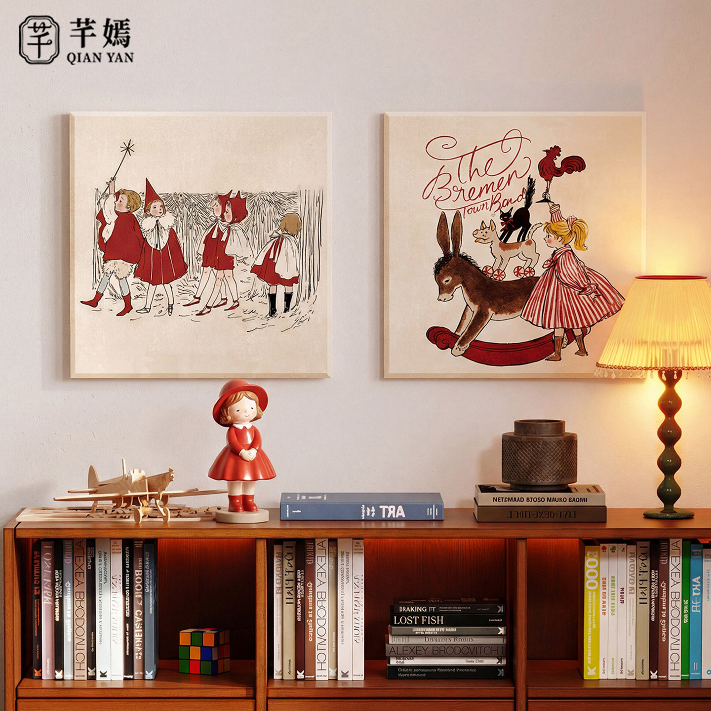 卡通人物斗柜挂画中古风可爱动物儿童房床头装饰画肌理感砂岩壁画